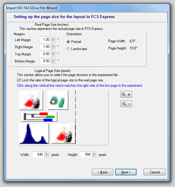 图23.3  Import FACSDiva File Wizard - Setting Page Size (导入FACSDiva文件向导 - 设置页面大小)